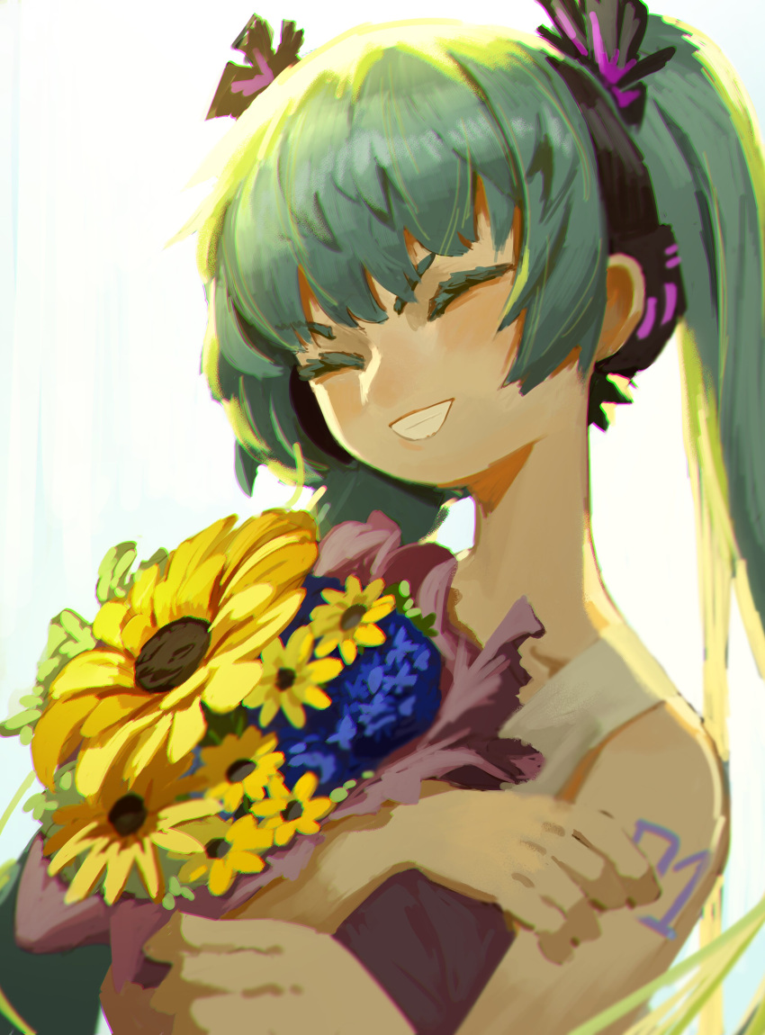 1girl absurdres aqua_hair bangs bare_shoulders bouquet closed_eyes collarbone commentary english_commentary flower grin hair_ornament happy hatsune_miku headphones headphones_removed highres holding holding_bouquet long_hair sidelocks simple_background smile solo sunflower tattoo teeth topdylan twintails upper_body v-shaped_eyebrows vocaloid white_background