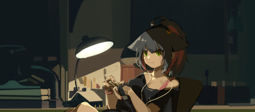 1girl animal_ears arknights black_gloves black_hair black_shirt cat_ears cat_girl closed_mouth colored_inner_hair commentary dark_room desk desk_lamp earphones earphones english_commentary fingerless_gloves gloves green_eyes highres indoors jessica_(arknights) lamp long_hair looking_at_viewer multicolored_hair night ponytail redhead shinnasuka025 shirt single_glove sitting smile solo upper_body