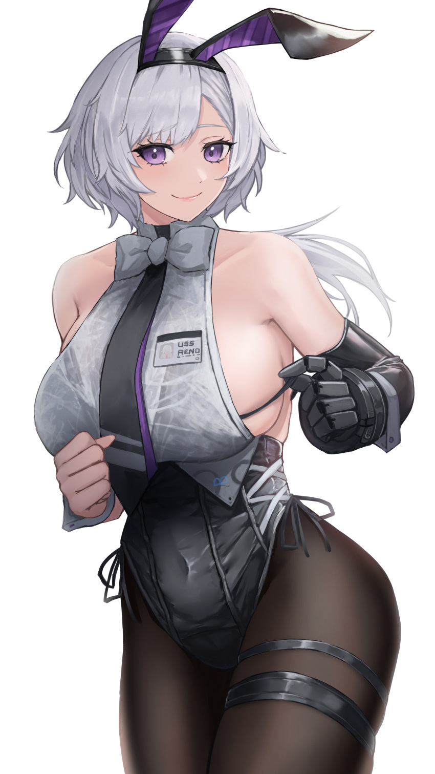 1girl absurdres animal_ears armpit_crease azur_lane backless_leotard bangs bare_shoulders beltbra black_hairband black_legwear black_leotard black_neckwear bow bowtie breasts closed_mouth collarbone commentary covered_navel cowboy_shot elbow_gloves eyebrows_visible_through_hair fake_animal_ears gloves grey_hair grey_neckwear hair_between_eyes hairband highres hitsuji_(sheepsb22) id_card large_breasts leotard leotard_under_clothes long_hair looking_at_viewer low_ponytail metal_gloves necktie official_alternate_costume pantyhose parted_hair playboy_bunny rabbit_ears reno_(azur_lane) reno_(reno_bunnino)_(azur_lane) shirt side-tie_leotard sideboob sidelocks simple_background single_elbow_glove sleeveless sleeveless_shirt smile solo standing thigh_strap violet_eyes white_background white_shirt wrist_cuffs