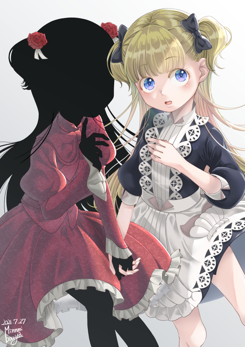 2girls apron black_bow black_dress black_hair black_skin blonde_hair blue_eyes bow colored_skin dress emilico_(shadows_house) flower hand_on_own_chest hands_clasped highres kate_(shadows_house) looking_up maid_apron minnmibouya multiple_girls open_mouth own_hands_together pointing pointing_up red_dress red_flower red_rose rose shadows_house two_side_up