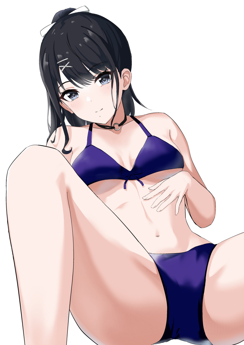 1girl absurdres bikini black_hair blue_eyes choker closed_mouth hair_ornament hairclip highres idolmaster idolmaster_shiny_colors kazano_hiori light_smile long_hair looking_at_viewer mm_(pomeme4) mole mole_under_mouth navel ponytail purple_bikini simple_background solo spread_legs swimsuit white_background