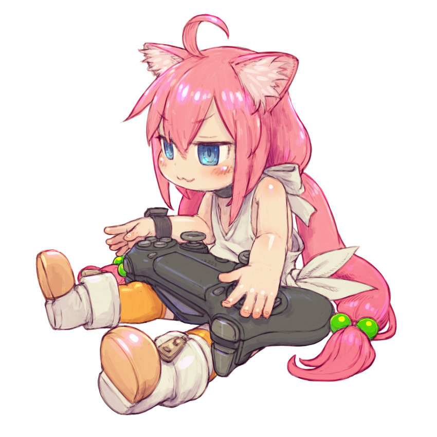 1girl :3 absurdres ahoge animal_ear_fluff animal_ears back_bow bangs blue_eyes blush boots bow cat_ears choker commentary_request controller dot_nose eyebrows_visible_through_hair feral_lemma flat_chest full_body game_controller hair_between_eyes hair_bobbles hair_ornament highres hinata_channel long_hair low_twintails nekomiya_hinata photoshop_(medium) pink_hair reward_available shiny shiny_hair shoes sidelocks simple_background sitting sleeveless solo straight_hair striped striped_legwear tank_top twintails very_long_hair virtual_youtuber white_background white_footwear yellow_legwear zipper_pull_tab