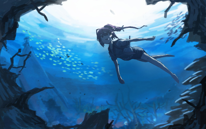 1girl barefoot commentary_request coral ergot freediving full_body i-168_(kancolle) kantai_collection long_hair ponytail sailor_collar sailor_shirt school_swimsuit school_uniform serafuku shirt solo swimming swimsuit underwater