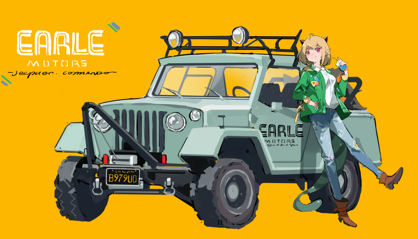 1girl absurdres ahoge arknights blonde_hair boots brown_footwear collared_shirt commentary_request denim english_text full_body green_jacket ground_vehicle hand_up headlight highres holding horns jacket jeans jeep juice_box leaning_against_vehicle license_plate long_sleeves looking_at_viewer motor_vehicle open_clothes open_jacket pants pointy_ears red_eyes shinnasuka025 shirt shirt_tucked_in short_hair solo standing standing_on_one_leg tail tire vanilla_(arknights) wheel white_shirt windshield