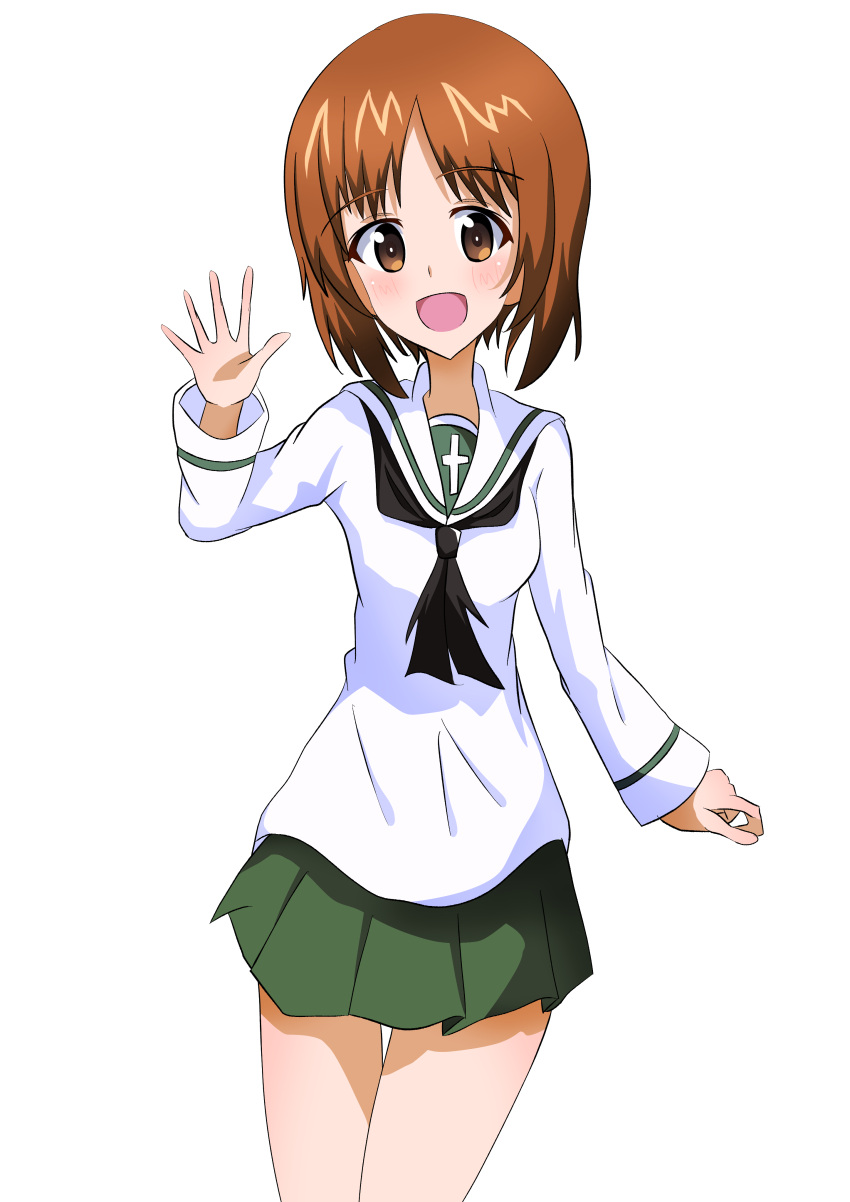 1girl :d absurdres bangs black_neckwear blouse brown_eyes brown_hair commentary cowboy_shot eyebrows_visible_through_hair girls_und_panzer green_skirt highres long_sleeves looking_at_viewer miniskirt motti_(motthi0711) neckerchief nishizumi_miho ooarai_school_uniform open_mouth pleated_skirt sailor_collar school_uniform serafuku short_hair simple_background skirt smile solo standing waving white_background white_blouse white_sailor_collar