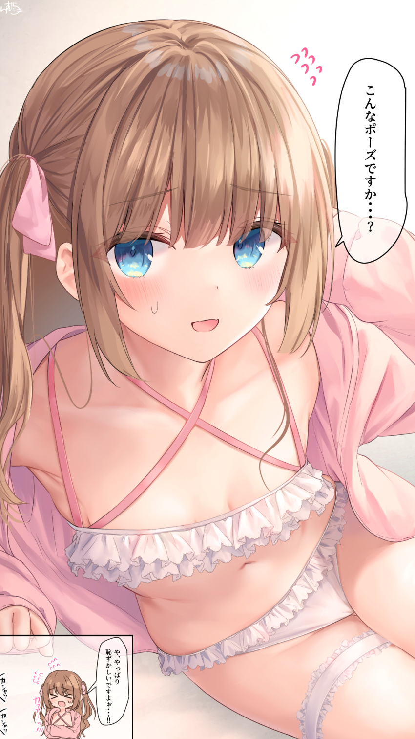 1girl bangs bikini blue_eyes breasts brown_hair collarbone commentary_request eyebrows_visible_through_hair frilled_bikini frills hair_ribbon highres original pink_ribbon ramchi ribbon small_breasts solo speech_bubble swimsuit thighs translation_request white_bikini