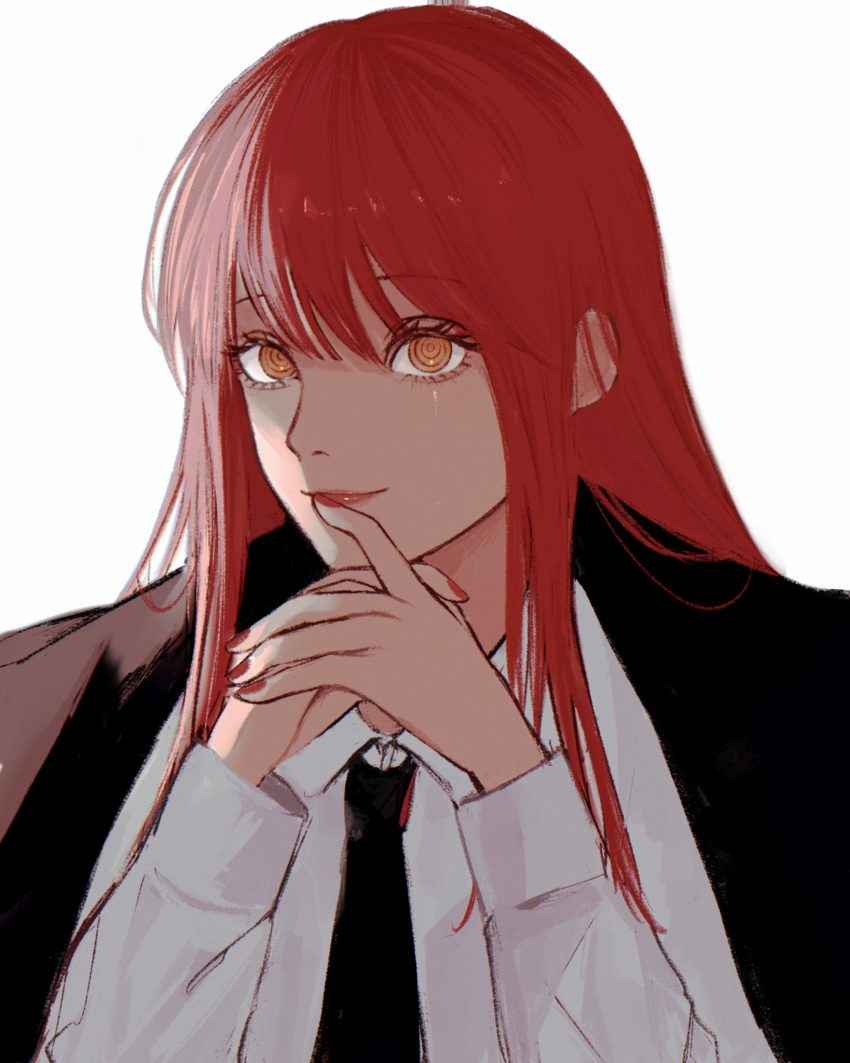 1girl black_neckwear black_suit chainsaw_man eyebrows_visible_through_hair fingernails formal highres jacket jacket_over_shoulder long_hair makima_(chainsaw_man) necktie neckwear noroma02 orange_eyes red_lips red_nails simple_background solo suit upper_body white_background