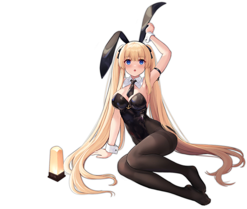 1girl allenes animal_ears ardent_(azur_lane) ardent_(master_ardent)_(azur_lane) arm_strap arm_support arm_up azur_lane black_legwear black_leotard black_neckwear blonde_hair blue_eyes bow bowtie breasts detached_collar fake_animal_ears full_body highleg highleg_leotard highres large_breasts leotard long_hair official_alternate_costume official_art pantyhose parted_lips playboy_bunny rabbit_ears solo strapless strapless_leotard sword thighband_pantyhose transparent_background twintails very_long_hair weapon wrist_cuffs