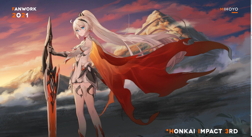 1girl antenna_hair bangs bare_shoulders black_gloves blue_eyes boots cape closed_mouth clouds cloudy_sky earrings gauntlets gloves hair_between_eyes hair_ornament highres holding holding_sword holding_weapon honkai_(series) honkai_impact_3rd jewelry kiana_kaslana kiana_kaslana_(herrscher_of_flamescion) long_hair mountain official_art official_wallpaper outdoors ponytail sky smile solo standing sunset sword thigh-highs thigh_boots weapon white_footwear white_hair