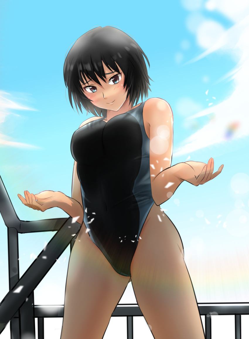 1girl amagami black_eyes black_hair black_swimsuit breasts closed_mouth clouds cloudy_sky competition_swimsuit highres light_rays looking_at_viewer medium_breasts nanasaki_ai one-piece_swimsuit outdoors short_hair sky smile solo swimsuit ykh1028