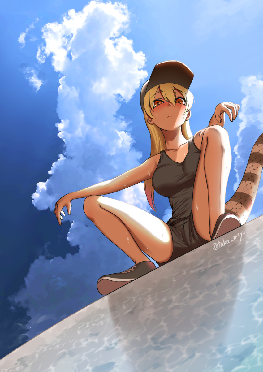 1girl alternate_costume arm_rest bare_arms bare_legs bare_shoulders baseball_cap black_camisole black_shorts blonde_hair blush camisole casual closed_mouth collarbone contemporary day from_below full_body hat highres kashisu_mint kemono_friends king_cobra_(kemono_friends) long_hair looking_at_viewer looking_down multicolored multicolored_eyes multicolored_hair nose_blush orange_eyes outdoors outstretched_arms pink_hair shoes short_shorts shorts sky snake_tail solo spread_legs squatting sweat tail two-tone_hair yellow_eyes