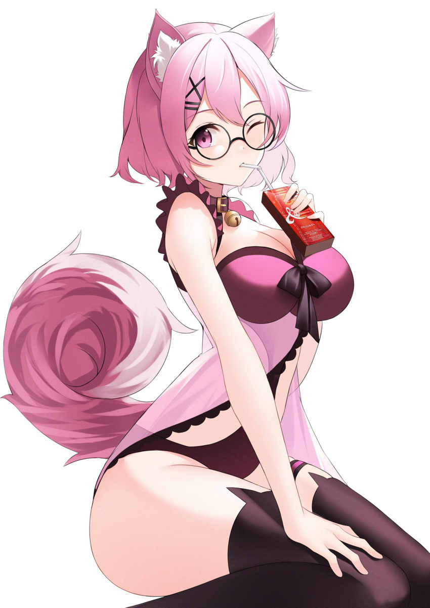 1girl animal_ear_fluff animal_ears babydoll bare_arms bare_shoulders bell black-framed_eyewear black_legwear breasts choker commission curled_tail drinking frills glasses hair_ornament hairclip hand_on_own_thigh highres holding jingle_bell large_breasts looking_at_viewer one_eye_closed original pink_eyes pink_hair round_eyewear short_hair simple_background solo tail tamatabe thigh-highs thighs underwear underwear_only white_background