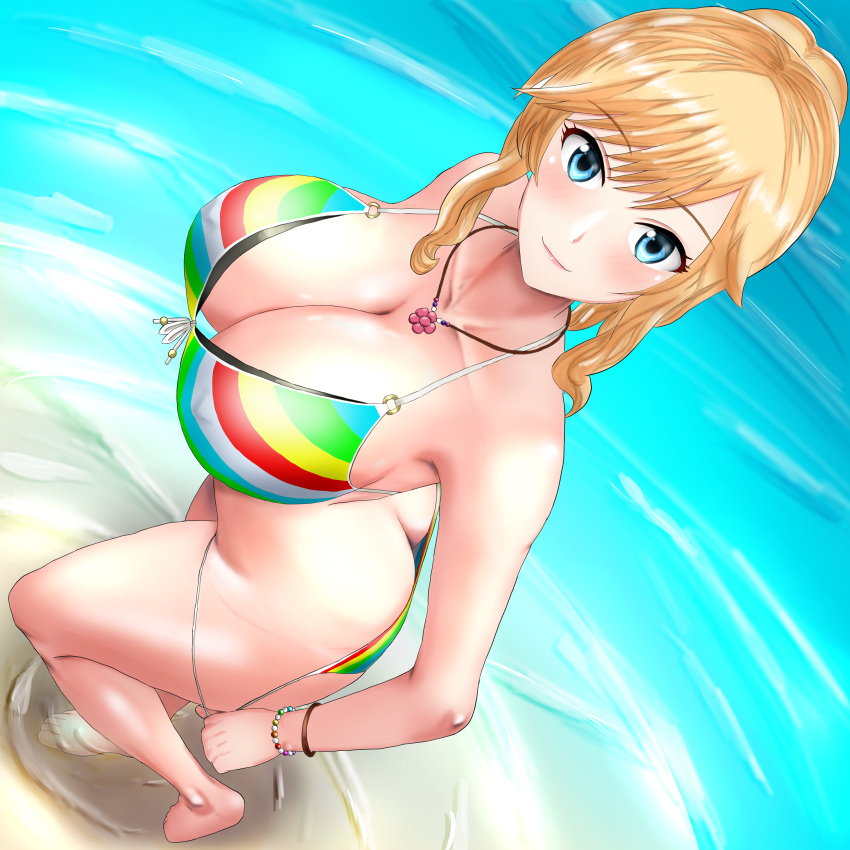 1girl absurdres adjusting_clothes adjusting_swimsuit ass beach bikini blonde_hair blue_eyes breasts butt_crack closed_mouth highres idolmaster idolmaster_cinderella_girls idolmaster_cinderella_girls_starlight_stage jewelry large_breasts light_smile long_hair looking_at_viewer multicolored multicolored_bikini multicolored_clothes necklace ocean ohtsuki_yui partially_submerged ponytail ripples shore solo striped striped_bikini super1030 swimsuit wavy_hair