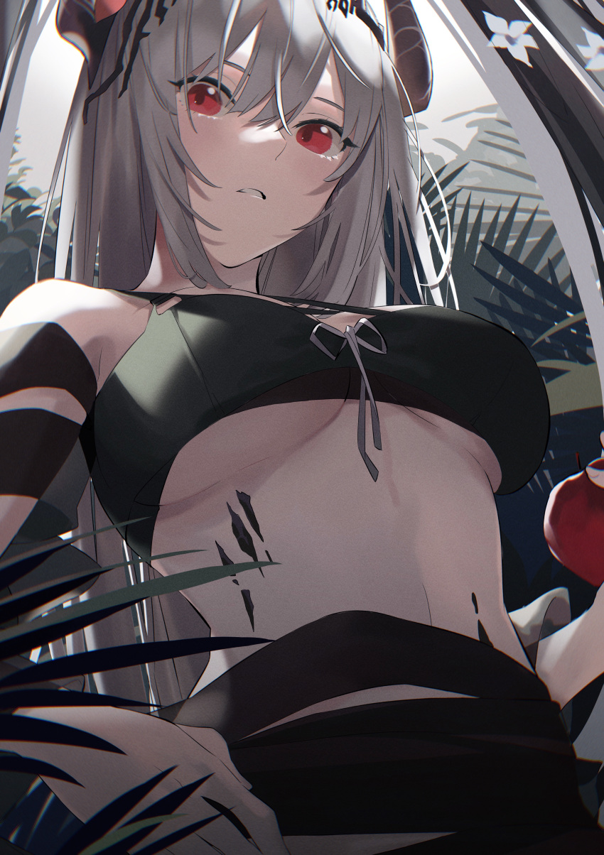 1girl absurdres apple arknights bikini black_bikini breasts commentary demon_horns english_commentary flower food fruit grey_hair hair_between_eyes hair_ornament highres holding holding_food holding_fruit horns igawa_(460180189) large_breasts long_hair looking_at_viewer mudrock_(arknights) mudrock_(silent_night)_(arknights) official_alternate_costume oripathy_lesion_(arknights) outdoors plant red_eyes solo stomach swimsuit under_boob upper_body white_flower