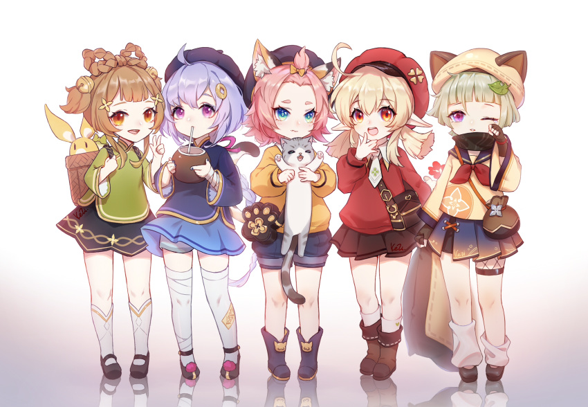 5girls :d ahoge alternate_costume animal animal_ear_fluff animal_ears arm_behind_back bag bandaged_leg bandages bangs bangs_pinned_back bell beret black_footwear black_headwear black_shirt black_skirt blonde_hair blue_eyes blue_shorts blue_skirt blunt_bangs boots bow braid brown_bow brown_eyes brown_footwear brown_hair brown_skirt cabbie_hat casual cat cat_ears cat_girl cat_tail coconut collared_shirt commentary contemporary diona_(genshin_impact) drinking_straw english_commentary eyebrows_visible_through_hair fake_animal_ears flower forehead fruit_cup genshin_impact green_shirt hair_bell hair_between_eyes hair_bow hair_ornament hair_rings handbag hands_up hat highres holding holding_animal jingle_bell kezi klee_(genshin_impact) kneehighs leaf_hair_ornament long_hair long_sleeves looking_at_viewer low_twintails multiple_girls ofuda one_eye_closed open_mouth pink_hair pleated_skirt pointy_ears puffy_long_sleeves puffy_shorts puffy_sleeves purple_hair qiqi_(genshin_impact) red_flower red_headwear red_sweater reflection revision sack sayu_(genshin_impact) school_uniform serafuku shirt shoes short_eyebrows short_hair short_shorts shorts shorts_under_skirt shoulder_bag sidelocks signature silver_hair single_braid skirt sleepy smile socks standing sweater symbol-only_commentary tail thick_eyebrows thigh-highs twintails two_side_up very_long_hair violet_eyes w white_background white_legwear white_shirt white_shorts yaoyao_(genshin_impact) yellow_shirt