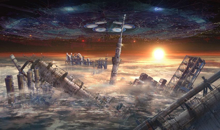 building clouds commentary_request no_humans original ruins scenery science_fiction sun tower ufo yakkunn