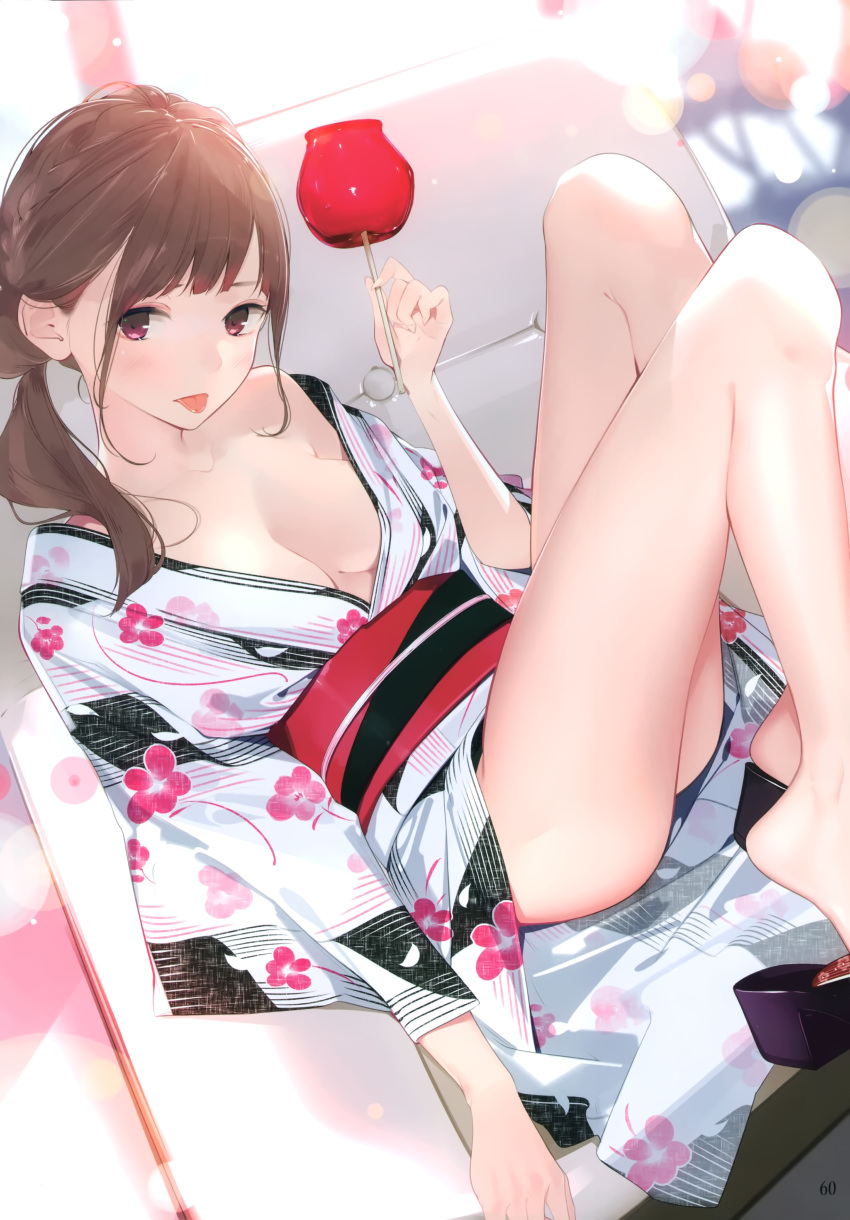 1girl :p absurdres ama_mitsuki backlighting bangs bare_legs bare_shoulders bloom blush breasts breasts_apart brown_hair candy_apple collarbone couch eyelashes fingernails floral_print food hand_up highres holding holding_food japanese_clothes kimono knees_up light_particles long_fingernails looking_at_viewer medium_breasts medium_hair no_bra no_panties non-web_source obi off-shoulder_kimono off_shoulder okobo open_clothes open_kimono original page_number ponytail reclining red_sash sash scan shiny shiny_hair shoe_dangle shoes sidelocks solo swept_bangs thighs tongue tongue_out violet_eyes white_kimono
