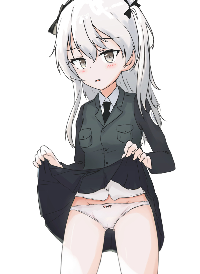 1girl ass_visible_through_thighs bangs black_jacket black_neckwear black_ribbon black_skirt blush bow bow_panties clothes_lift commentary_request cowboy_shot crotch_seam dress_shirt emblem eyebrows_visible_through_hair girls_und_panzer groin hair_ribbon highres jacket korean_commentary lifted_by_self light_brown_hair light_frown long_hair long_sleeves looking_at_viewer military military_uniform miniskirt necktie one_side_up panties parted_lips pleated_skirt ribbon selection_university_military_uniform shimada_arisu shirt skirt skirt_lift solo standing underwear uniform white_panties white_shirt yu_arin