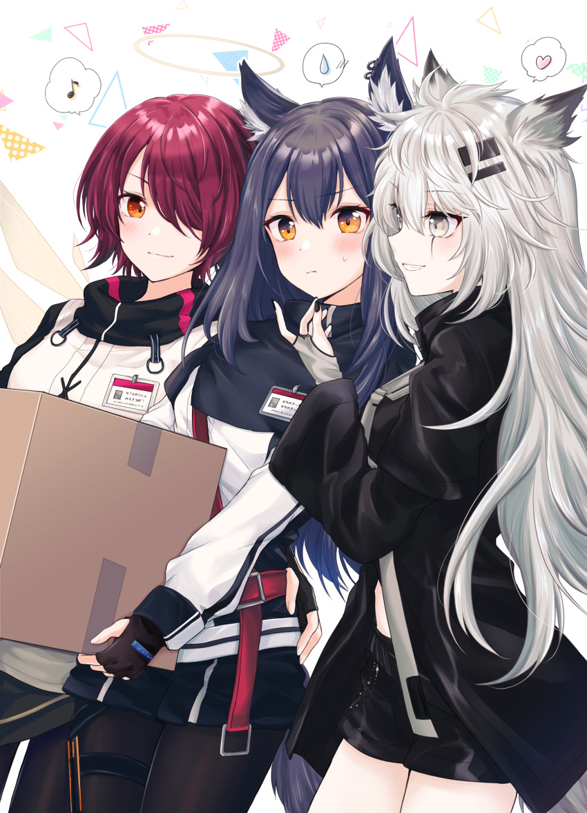 3girls absurdres angel animal_ear_fluff animal_ears arknights black_hair black_jacket black_nails blush chiwa_(chiwawanwan1206) closed_mouth commentary_request ear_piercing energy_wings exusiai_(arknights) eyebrows_visible_through_hair fox_ears fox_girl fox_tail grey_eyes hair_ornament hair_over_one_eye hairclip halo hand_on_another's_chin heart highres id_card jacket lappland_(arknights) long_hair multiple_girls musical_note nail_polish orange_eyes pantyhose penguin_logistics_(arknights) piercing raglan_sleeves redhead scar scar_across_eye short_hair sweatdrop tail texas_(arknights) white_background white_hair white_jacket wolf_ears wolf_girl wolf_tail yuri