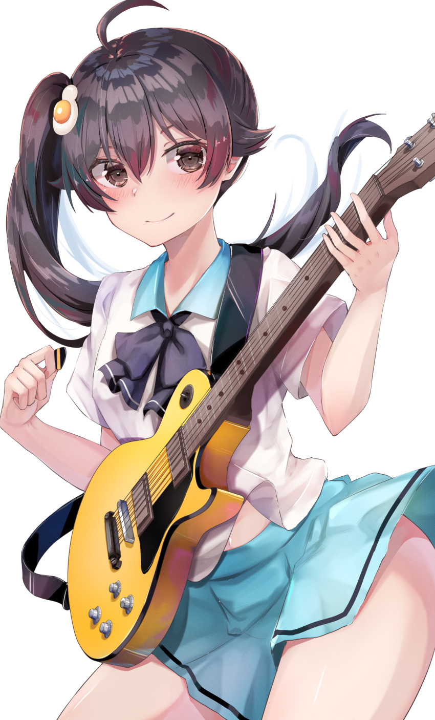 1girl absurdres ahoge araragi_karen ass bangs black_hair black_neckwear blue_sailor_collar blue_skirt blush bow bowtie breasts brown_eyes commentary egg_hair_ornament electric_guitar food-themed_hair_ornament fried_egg guitar hair_between_eyes hair_ornament highres holding holding_instrument holding_plectrum instrument looking_at_viewer monogatari_(series) music playing_instrument plectrum sailor_collar school_uniform serafuku side_ponytail skirt small_breasts smile solo tsuganoki_second_junior_high_school_uniform w_arms white_background yuunamida_uyu