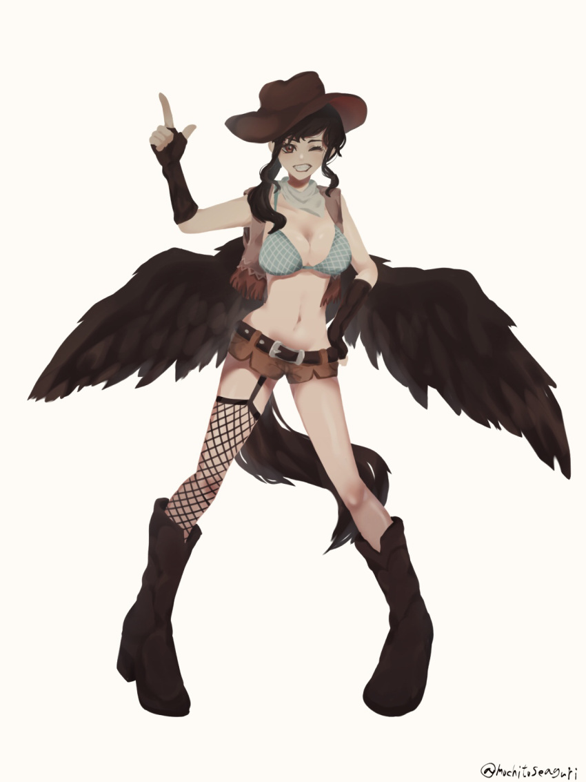 1girl adapted_costume alternate_costume belt black_hair black_wings blue_bra boots bra brown_headwear brown_shorts brown_vest cowboy_boots cowboy_hat feathered_wings fingerless_gloves fishnet_legwear fishnets garter_belt gloves hat highres horse_girl horse_tail kurokoma_saki pointing pointing_up ponytail short_shorts shorts simple_background single_thighhigh sokura_(mochichitose) tail thigh-highs touhou underwear vest western white_background white_bandana wings