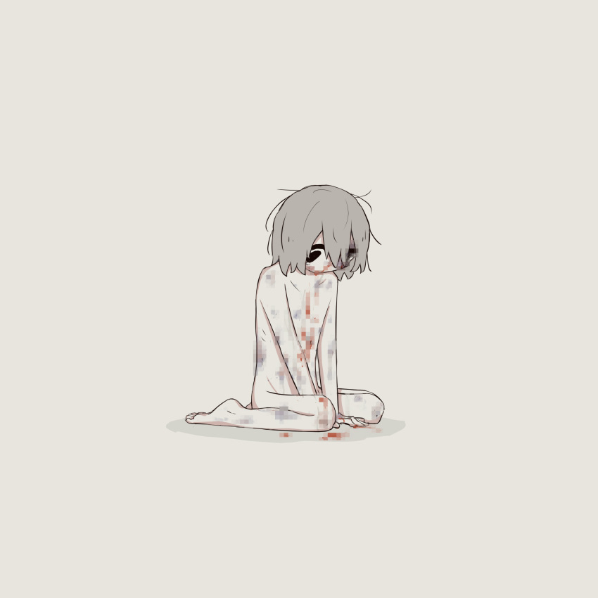1boy absurdres avogado6 barefoot black_eyes bleeding blood bruise bruise_on_face bruised_eye censored_violence commentary_request completely_nude grey_background grey_hair highres injury male_focus nude original simple_background solo