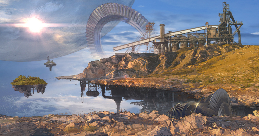 commentary_request different_reflection factory floating_island gears grass machine no_humans original reflection reflective_water rock scenery science_fiction upside-down_building water yakkunn