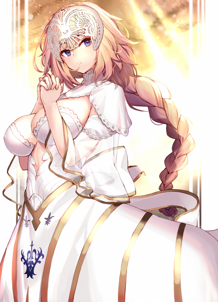 1girl blonde_hair blue_eyes braid breasts dress fate/grand_order fate_(series) hands_together headpiece highres jeanne_d'arc_(fate) jeanne_d'arc_(fate)_(all) large_breasts long_hair looking_to_the_side ninoude_(ninoude44) parted_lips solo tagme white_dress