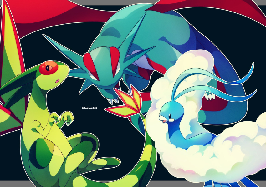 altaria black_background black_eyes bright_pupils claws commentary_request flygon gen_3_pokemon highres jacknaiff looking_at_viewer no_humans open_mouth outline pokemon pokemon_(creature) salamence white_pupils