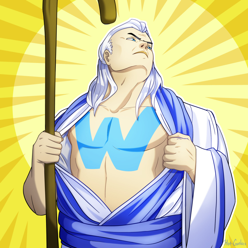 1boy age_of_empires artist_name blue_eyes commission english_commentary frown highres holding holding_staff hot-gothics long_hair parody pectorals priest_(aoe) robe solo staff superman_(series) undressing white_hair wide_sleeves wololo yellow_background