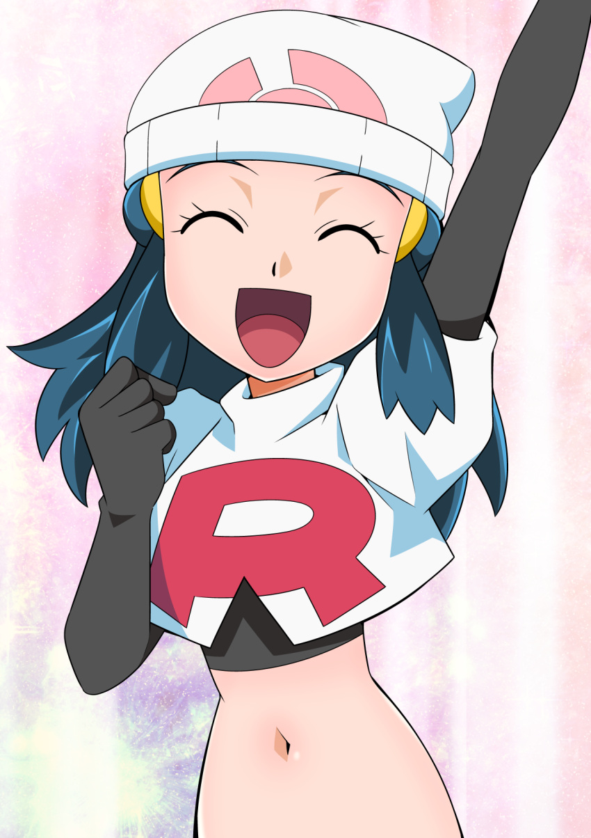 1girl ^_^ arm_up beanie black_gloves blue_hair clenched_hand closed_eyes cosplay hikari_(pokemon) elbow_gloves gloves gradient gradient_background hainchu hair_ornament hairclip hat highres jessie_(pokemon) jessie_(pokemon)_(cosplay) looking_at_viewer medium_hair midriff navel pokemon single_letter smile solo solo_focus