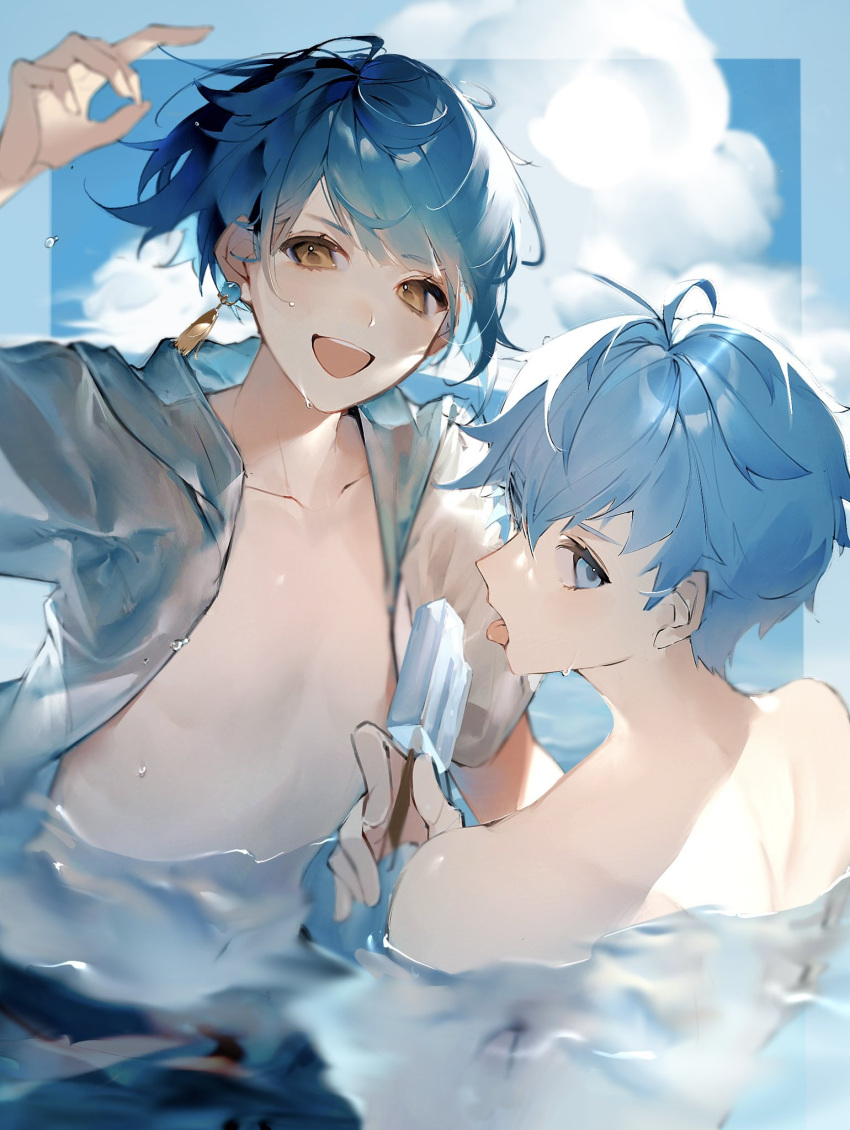 2boys antenna_hair arm_up bangs blue_eyes blue_hair chongyun_(genshin_impact) clouds earrings food genshin_impact hair_between_eyes head_tilt highres jacket jewelry male_focus multiple_boys open_clothes open_jacket open_mouth outdoors partially_submerged popsicle poscorn617 shirtless single_earring sky tongue tongue_out upper_body water wet wet_clothes xingqiu_(genshin_impact) yellow_eyes