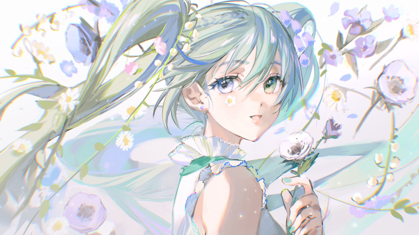 1girl :d absurdres bangs bare_shoulders blue_eyes blue_flower commentary_request eyebrows_visible_through_hair floating_hair flower from_side green_eyes green_hair green_nails hair_between_eyes hand_up hatsune_miku heterochromia highres holding holding_flower long_hair looking_at_viewer looking_to_the_side open_mouth purple_flower rumoon shirt sleeveless sleeveless_shirt smile solo twintails vocaloid white_flower white_shirt