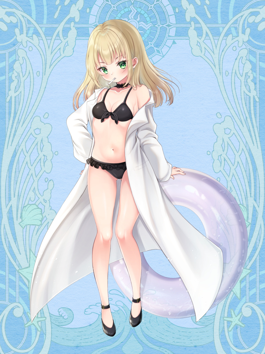 1girl bangs bare_shoulders bikini black_bikini black_footwear blonde_hair blue_background blush breasts collarbone dairoku_youhei eyebrows_visible_through_hair frilled_bikini frills front-tie_bikini front-tie_top full_body green_eyes highres innertube labcoat long_hair long_sleeves looking_at_viewer mirai_(happy-floral) mouth_hold navel off_shoulder official_art open_clothes shoes sleeves_past_wrists small_breasts solo standing swimsuit