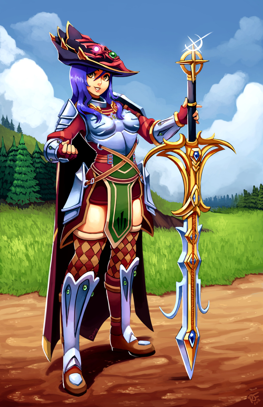 1girl arm_up armored_boots boots breasts cape checkered checkered_legwear clenched_hand clouds cloudy_sky commission dang_(runescape) dirt duellist's_cap_(tier_6) fingerless_gloves full_body gloves grass grin hat highres long_hair looking_afar looking_away looking_to_the_side outdoors pine_tree plate_armor purple_hair ravenousruss runescape saradomin_godsword second-party_source shiny_lips sky small_breasts smile solo source_request standing sword thigh-highs tree weapon yellow_eyes zettai_ryouiki