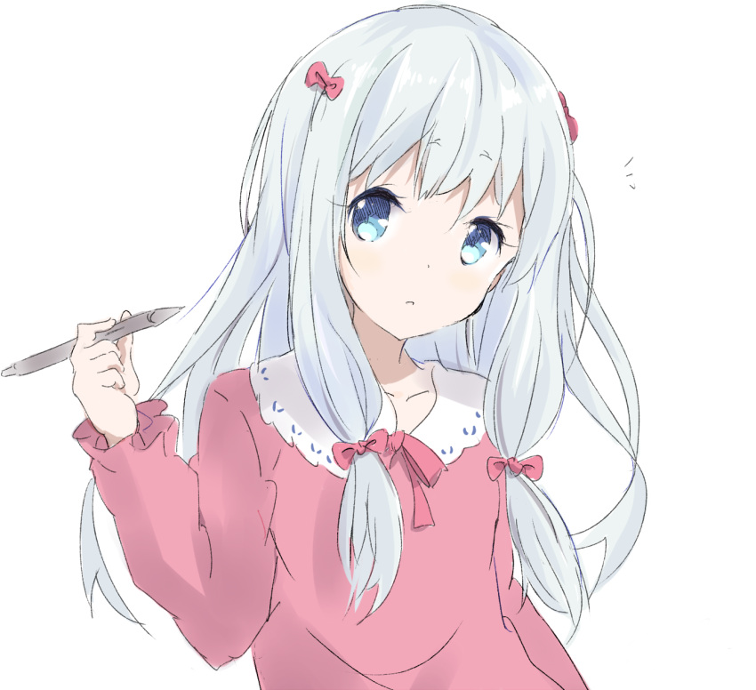 1girl bangs blue_eyes bow collared_shirt commentary_request core_(mayomayo) eromanga_sensei eyebrows_visible_through_hair hair_between_eyes hair_bow hand_up highres holding holding_stylus izumi_sagiri long_hair long_sleeves looking_at_viewer parted_lips pink_bow pink_shirt shirt silver_hair simple_background solo stylus white_background