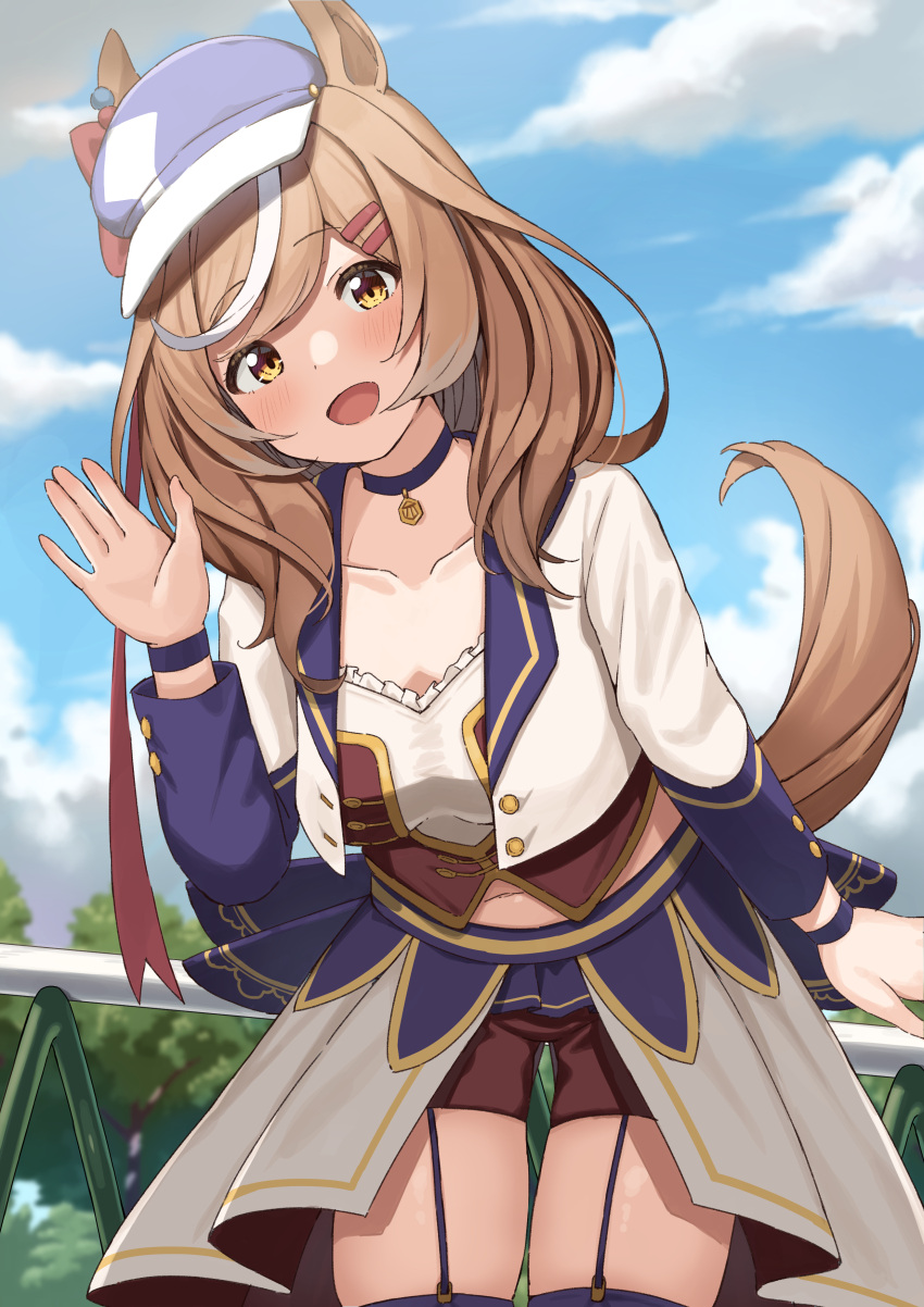 1girl absurdres animal_ears brown_hair choker commentary_request day ear_ribbon ears_through_headwear garter_straps highres horse_ears horse_girl horse_tail leaning_forward long_hair long_sleeves looking_at_viewer matikane_tannhauser_(umamusume) multicolored_hair navel open_mouth outdoors shorts skindentation solo streaked_hair tail thigh-highs umamusume wanimaru waving