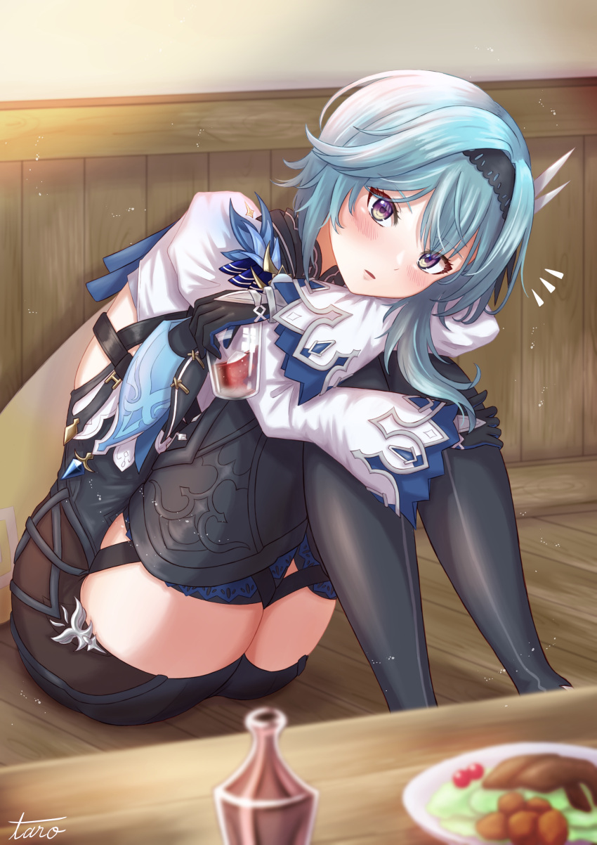 1girl absurdres artist_name black_hairband black_headband black_legwear black_leotard blue_hair blurry blush boots breasts clothing_cutout cup depth_of_field drinking_glass eula_(genshin_impact) food genshin_impact hairband headband highres holding holding_cup hugging_own_legs leotard long_sleeves looking_at_viewer medium_breasts medium_hair multicolored multicolored_eyes parted_lips shoulder_cutout signature sitting solo taro_(pixiv34317323) thigh-highs thigh_boots thigh_strap violet_eyes wooden_floor yellow_eyes zettai_ryouiki