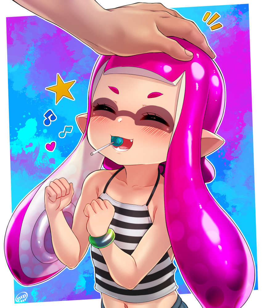 1boy 1girl :d ^_^ blush born-to-die camisole candy closed_eyes collarbone commentary domino_mask english_commentary food hand_on_another's_head heart highres inkling lollipop long_hair mask mouth_hold musical_note navel open_mouth petting pink_hair pointy_ears smile solo_focus splatoon_(series) star_(symbol) striped_camisole tentacle_hair