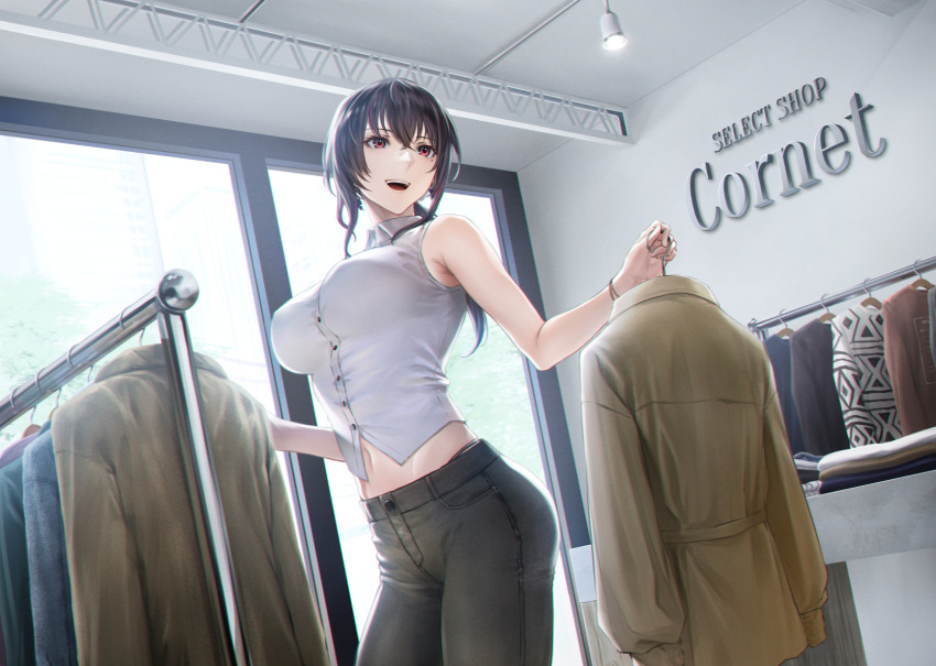 1girl armpit_peek black_hair breasts ceiling_light clothes_hanger clothes_rack clothes_shop collared_shirt crop_top denim highres holding holding_clothes holding_clothes_hanger indoors jeans large_breasts long_hair looking_to_the_side midriff mole mole_under_eye mugetsu2501 multicolored_hair navel open_mouth original pants ponytail red_eyes redhead shirt shop shopping sleeveless sleeveless_shirt smile solo streaked_hair thong two-tone_hair upper_teeth window