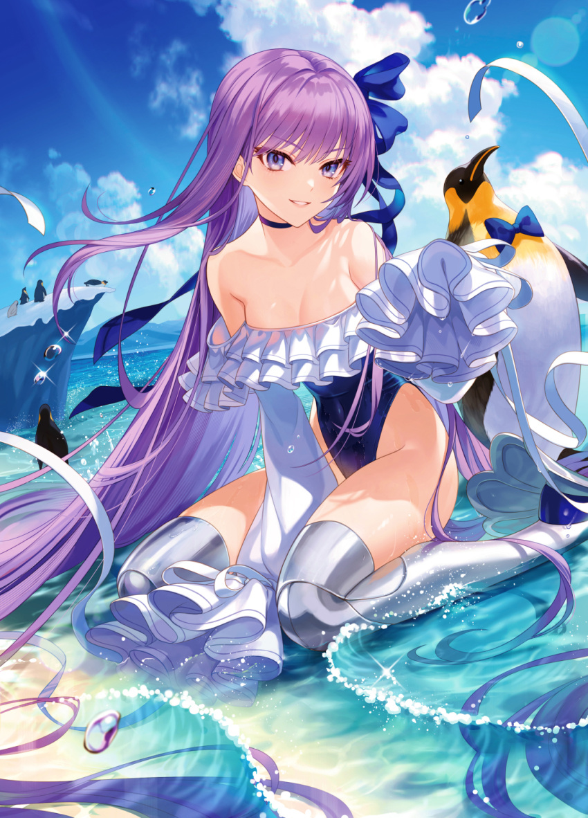 1girl bangs bare_shoulders beach bird blue_eyes blue_ribbon blue_sky blush breasts choker collarbone fate/grand_order fate_(series) frills greaves hair_ribbon highleg highleg_swimsuit highres long_hair long_sleeves looking_at_viewer meltryllis_(fate) meltryllis_(swimsuit_lancer)_(fate) michi_(iawei) ocean off-shoulder_swimsuit off_shoulder one-piece_swimsuit penguin prosthesis prosthetic_leg puffy_sleeves purple_hair ribbon shore sitting sky sleeves_past_fingers sleeves_past_wrists small_breasts smile swimsuit thighs very_long_hair wariza white_ribbon