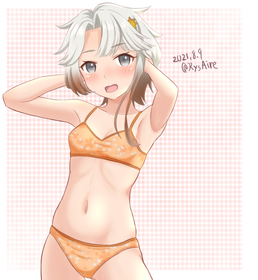 1girl akishimo_(kancolle) ame-san arms_behind_head asymmetrical_hair bra breasts brown_hair contrapposto cowboy_shot dated gradient_hair hair_ornament highres kantai_collection leaf_hair_ornament multicolored_hair orange_bra orange_panties panties short_hair short_hair_with_long_locks silver_hair small_breasts solo standing training_bra twintails underwear underwear_only