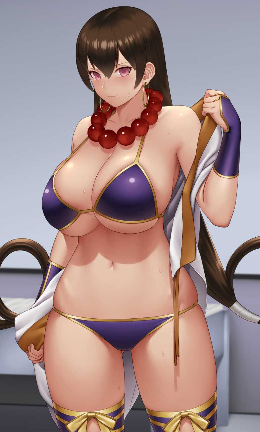 1girl absurdres bead_necklace beads bikini breasts bridal_gauntlets brown_hair collarbone cowboy_shot earrings fate/grand_order fate_(series) gloves gonoike_biwa highres hoop_earrings indoors jewelry large_breasts long_hair navel necklace no_headwear prayer_beads purple_bikini purple_gloves red_eyes solo standing swimsuit very_long_hair xuangzang_sanzang_(fate)