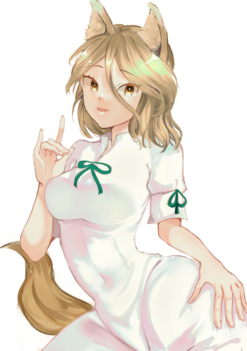 1girl animal_ears artist_request blonde_hair breasts covered_navel cowboy_shot eyebrows_visible_through_hair eyelashes finger_touching fox_ears fox_girl fox_shadow_puppet fox_tail green_ribbon hand_on_hip highres jumpsuit kudamaki_tsukasa mandarin_collar medium_breasts onesie open_mouth ribbon romper short_hair simple_background tail test_tube touhou white_jumpsuit