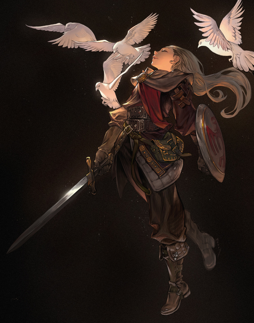 1girl belt black_background boots brown_hair closed_eyes earrings floating_hair highres holding holding_shield holding_sword holding_weapon jewelry long_hair morry original profile shield simple_background solo sword weapon white_bird