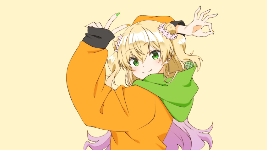 1girl bangs blonde_hair commentary_request double_bun fingernails flower goodbye_sengen_(vocaloid) green_eyes green_nails hair_flower hair_ornament highres hololive homura_minori hood hood_down hoodie long_hair long_sleeves looking_at_viewer momosuzu_nene nail_polish official_art ok_sign orange_nails simple_background solo v virtual_youtuber yellow_background