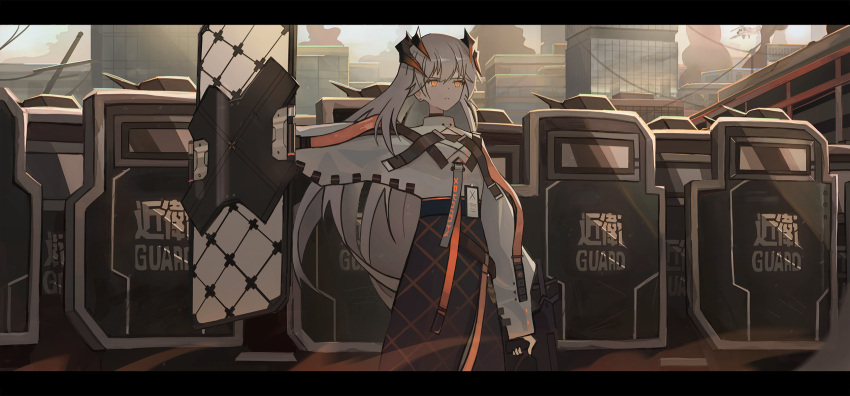 1girl 6+others ambiguous_gender arknights belt black_choker black_skirt building chest_strap choker closed_mouth commentary day dragon_horns dust earrings feet_out_of_frame frown goin2222 high-waist_skirt highres holding holding_shield holding_weapon horns id_card jewelry letterboxed long_hair long_skirt long_sleeves looking_ahead multiple_girls multiple_others orange_eyes outdoors power_lines riot_shield saria_(arknights) shield shirt silver_hair skirt solo_focus stud_earrings syringe_gun weapon white_shirt