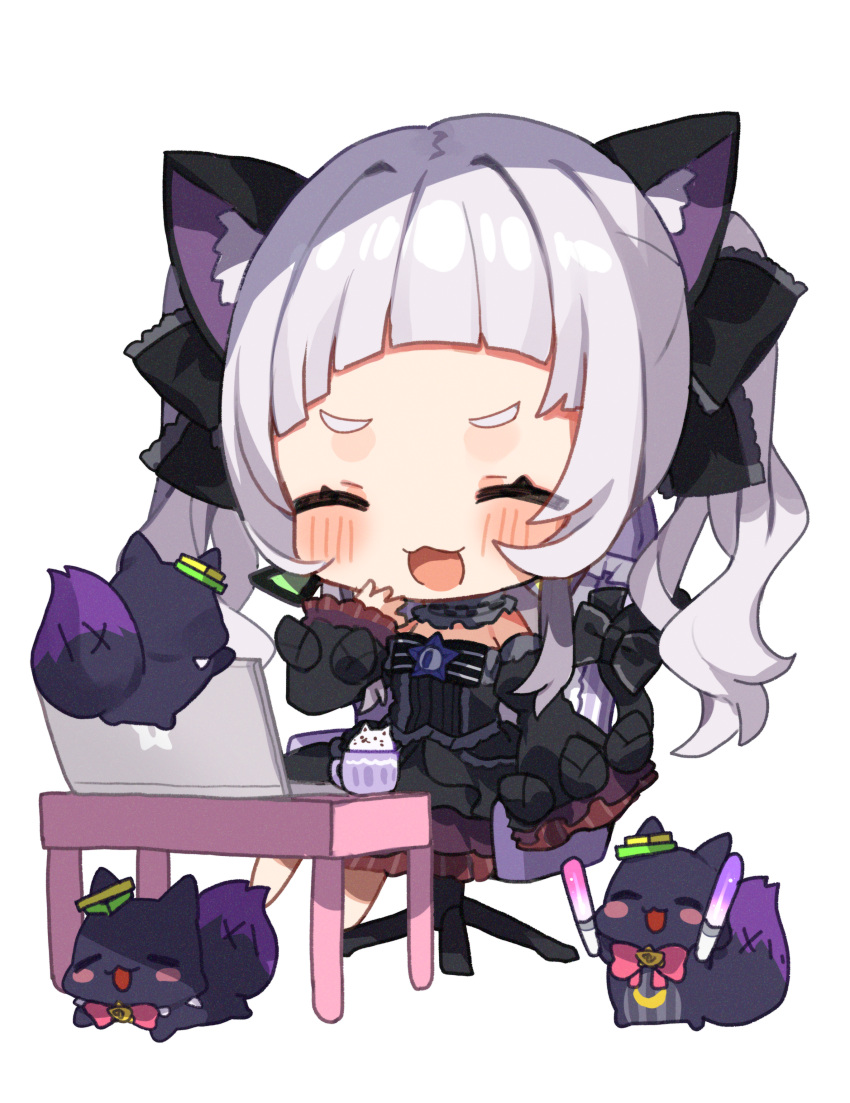 1girl :d ^_^ absurdres animal animal_ear_fluff animal_ears bangs barefoot black_bow black_dress black_sleeves blush bow cat_ears cat_girl cat_tail chair chibi closed_eyes commentary_request computer cup detached_sleeves dress fox full_body glowstick hand_up highres hololive juliet_sleeves laptop long_hair long_sleeves murasaki_shion noi_mine office_chair on_chair open_mouth puffy_sleeves silver_hair simple_background sitting sleeves_past_fingers sleeves_past_wrists smile strapless strapless_dress tail tail_bow tail_ornament thick_eyebrows twintails very_long_hair virtual_youtuber white_background wide_sleeves