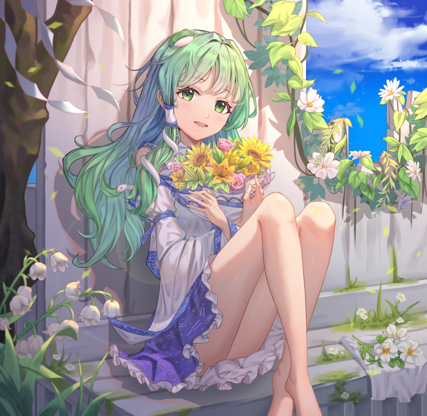 1girl absurdres al_guang bangs barefoot blue_skirt bouquet clouds crossed_ankles day detached_sleeves eyebrows_visible_through_hair feet_out_of_frame flower frog_hair_ornament green_eyes green_hair hair_ornament hair_tubes hibiscus highres holding holding_bouquet knees_up kochiya_sanae light_blush light_smile long_hair looking_at_viewer outdoors parted_lips petticoat pink_flower pink_rose rose shirt sitting skirt sky snake_hair_ornament solo sunflower tareme touhou tree very_long_hair white_flower white_shirt yellow_flower