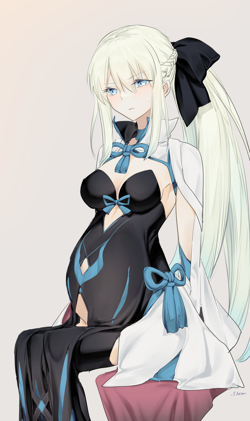 1girl absurdres big_belly black_bow black_dress bow braid breasts center_opening clothing_cutout dress fate/grand_order fate_(series) french_braid hair_bow highres light_blue_eyes long_hair medium_breasts morgan_le_fay_(fate) nitric_acid platinum_blonde_hair ponytail pregnant sidelocks sitting solo stomach_cutout two-tone_dress